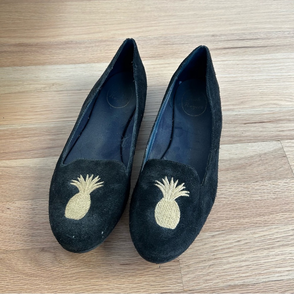 Jack Rogers Black Suede Loafers with Gold Pineapple Embroidery